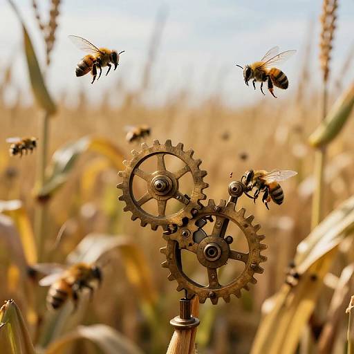 Steampunk Clockwork Bees in Cornfield
