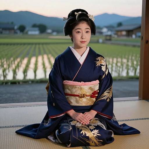 Photograph of a young Japanese woman in a dark blue floral kimono with gold and red accents, seated on tatami mat, in front of a