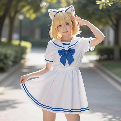 Playful Blonde in Sailor Dress