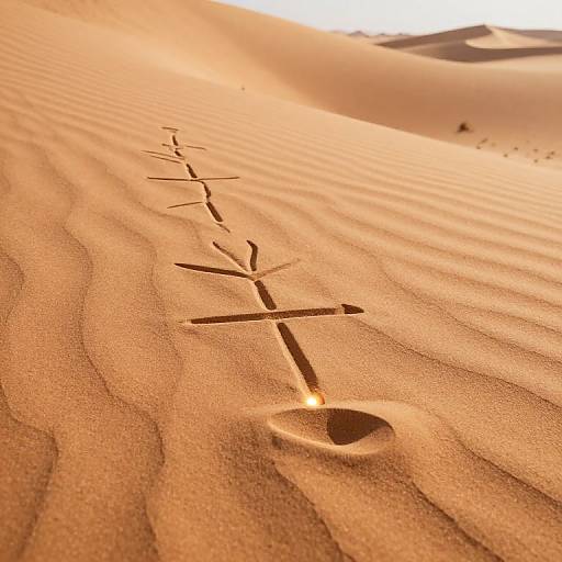 Sunlit desert sand with a cross-shaped footprint trail and a single shadowed hole, creating a serene, spiritual scene.