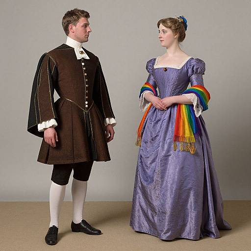 Photograph of a man in 18th-century brown velvet coat and white stockings, and a woman in purple satin gown with rainbow scarf, standing against