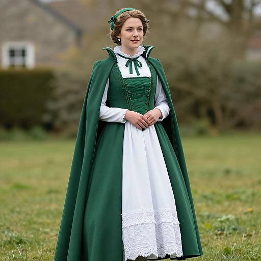Photograph of a fair-skinned woman in a Victorian-style green and white dress, with a matching green cape, standing in a grassy field,