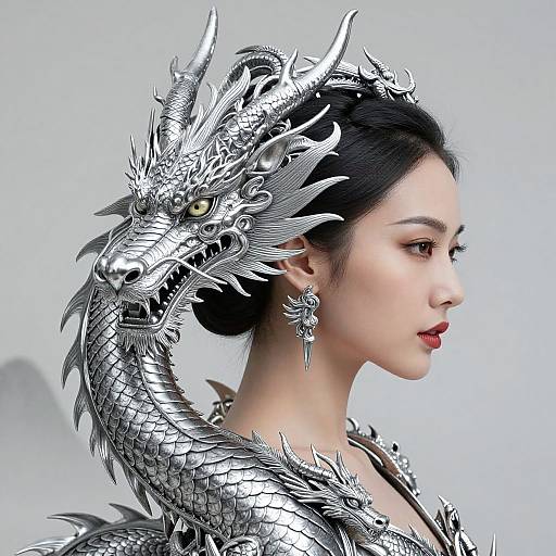 Photorealistic digital artwork of an East Asian woman with pale skin, black hair, and red lips, wearing a silver dragon headdress and intricate armor
