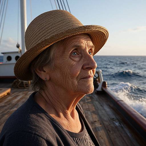 Photograph of an elderly woman with wrinkled skin, blue eyes, wearing a straw hat and black sweater, standing on a wooden sailboat deck at