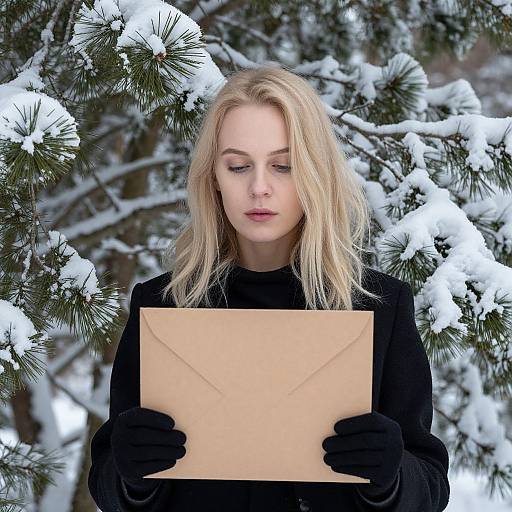 Serene Winter Woman Among Pine Trees