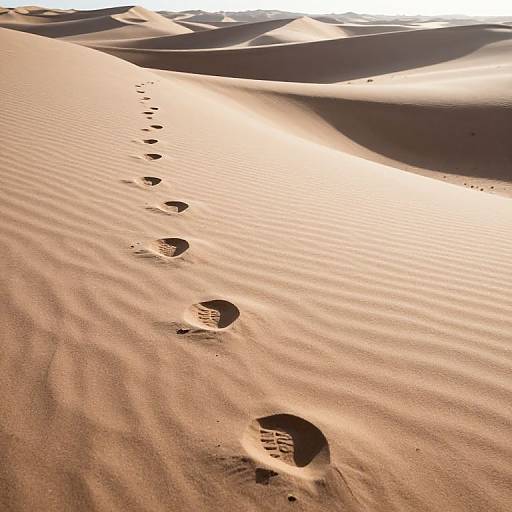 Photograph of sunlit sand dunes with a line of footprints stretching diagonally from bottom left to top right, casting shadows on the rippled