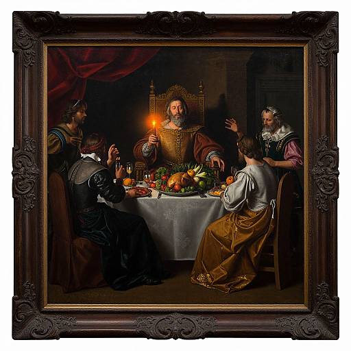 Renaissance-style painting of five robed figures around a table with a fruit basket, illuminated by a candle, in an ornate, dark-fr