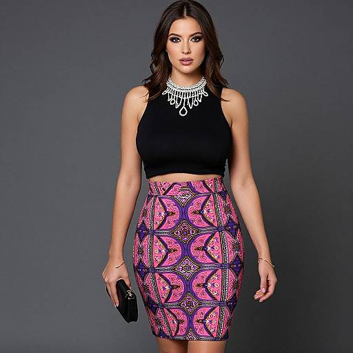 Photograph of a brunette woman with medium skin tone, wearing a black crop top, pink and purple patterned high-waisted skirt, white statement