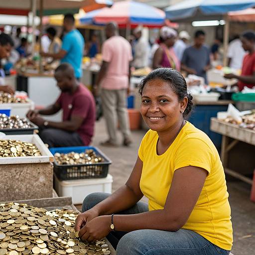 Photograph of a smiling Indian woman in a yellow shirt, seated at a bustling outdoor market, surrounded by stacks of gold coins and blurred vendors.