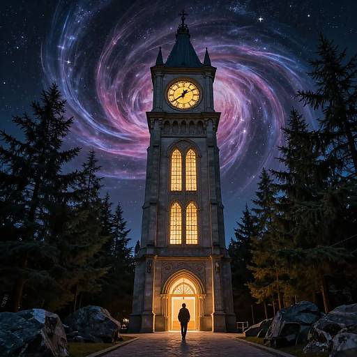 Majestic Clock Tower Under Cosmic Sky