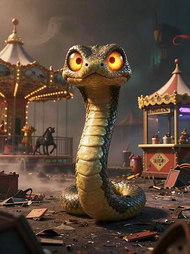 CGI image of a large, serpent-like creature with glowing orange eyes in a dark, foggy carnival at night, surrounded by broken debris and colorful