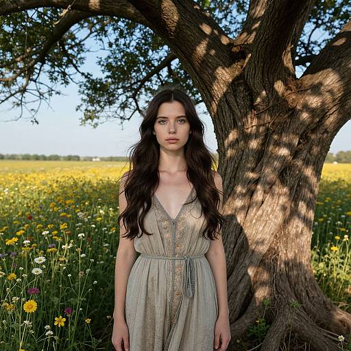 Photograph of a young woman with long, wavy dark hair, wearing a beige, sleeveless dress, standing under a large tree in a sun