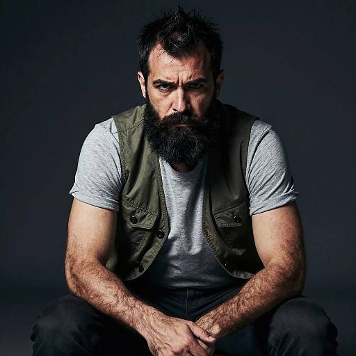 Photograph of a muscular, bearded man with dark hair, intense expression, wearing a grey t-shirt and olive-green vest, seated against a dark