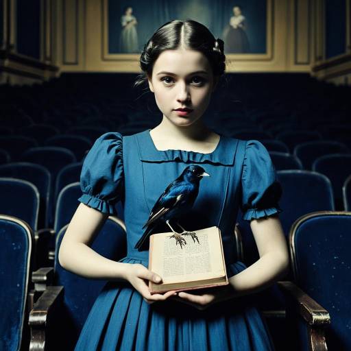 Young Girl with Bird and Book in Empty Theater