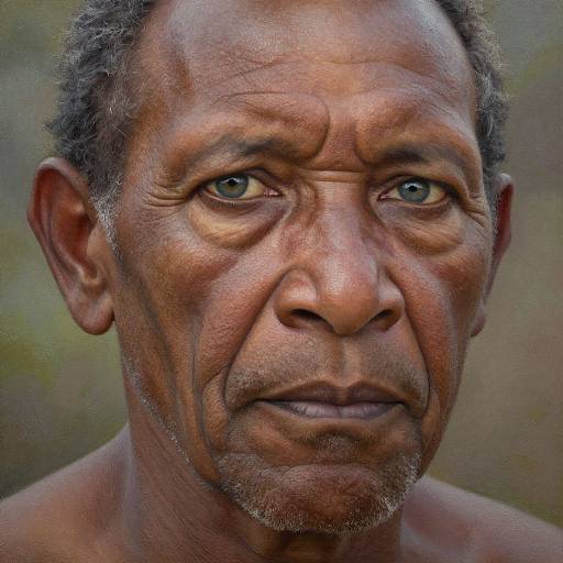 Photograph of an older, shirtless African man with deep wrinkles, gray hair, and intense eyes, set against a blurred green background.