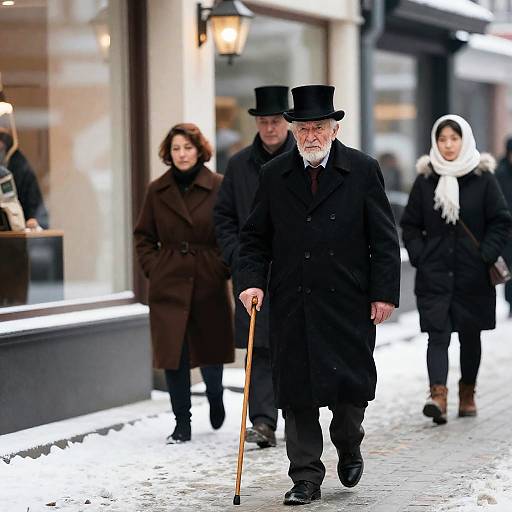 Elderly Man with Top Hat in Winter Scene
