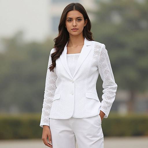 Photograph of a confident Indian woman with long black hair, wearing a white lace-trimmed blazer and pants, standing outdoors against a blurred green