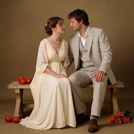 Photograph of a couple in vintage attire, sitting on a wooden bench with apples and flowers; woman in cream dress, man in grey suit, g