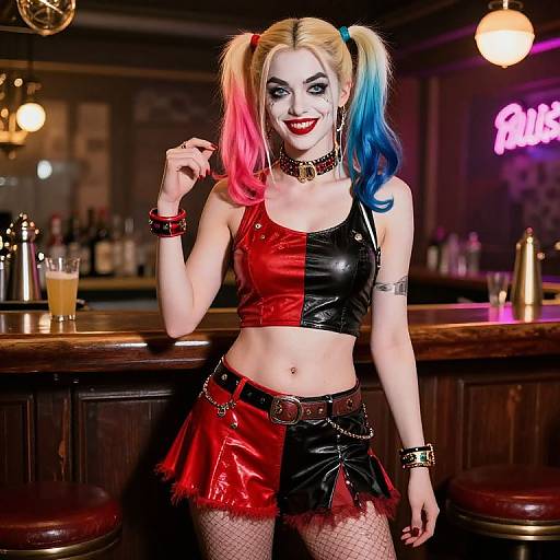 Photograph of a woman in a Harley Quinn costume with colorful pigtails, red-black leather top, mini skirt, fishnet stockings, and ch