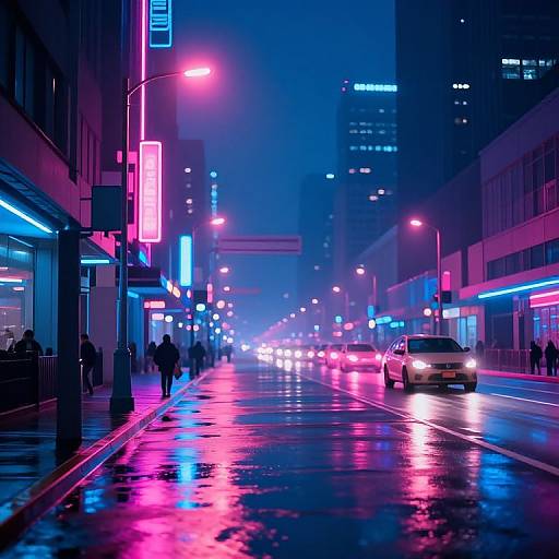 Neon-lit, rainy, urban street at night with vivid blue, pink, and purple lights reflecting on wet pavement; people walking, cars driving