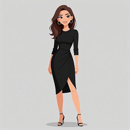 Digital illustration of a smiling woman with long brown hair, wearing a black, long-sleeve, asymmetrical dress and black high heels, against a
