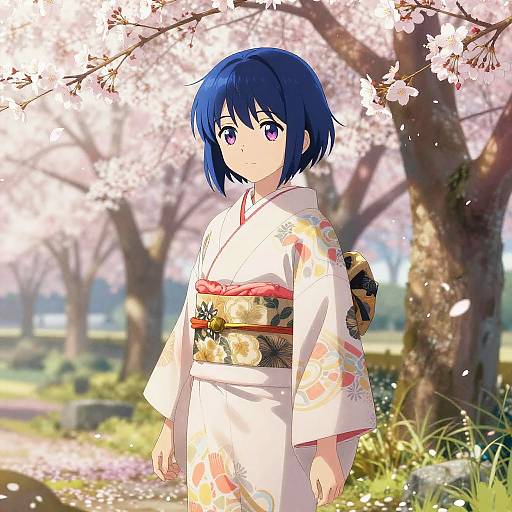 Anime-style drawing of a blue-haired girl with purple eyes in a white floral kimono, standing under cherry blossom trees.