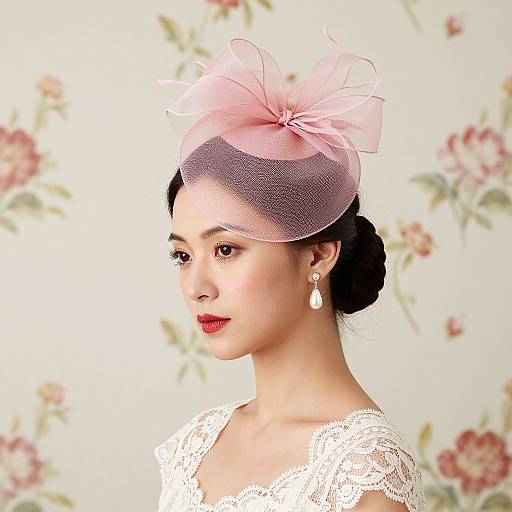 Photograph of an Asian woman with fair skin, red lipstick, dark hair in a bun, wearing a pink floral fascinator, lace dress, and