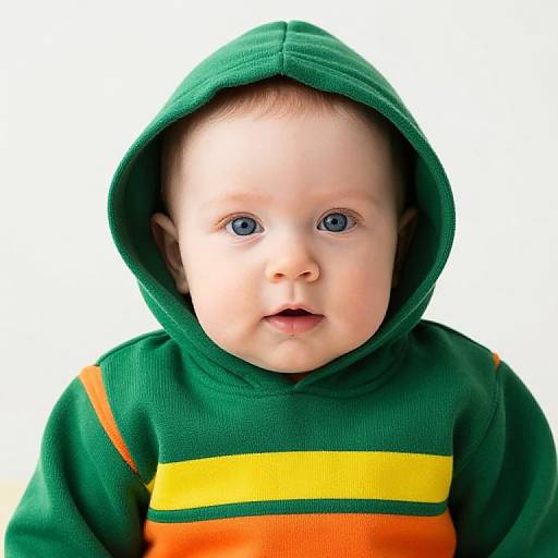 Baby in Colorful Hoodie with Blue Eyes