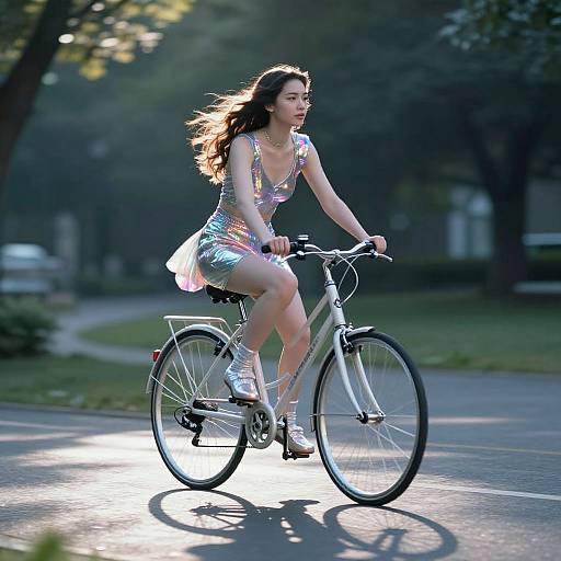 Photograph of a young woman with long brown hair, wearing a shiny, silver, sleeveless dress, riding a white bicycle on a sunlit street