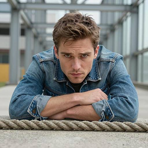 Intense young man in denim jacket resting on concrete ledge