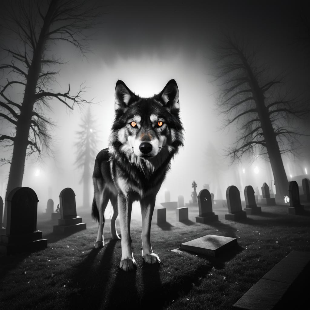 Eerie Wolf in Misty Graveyard Scene