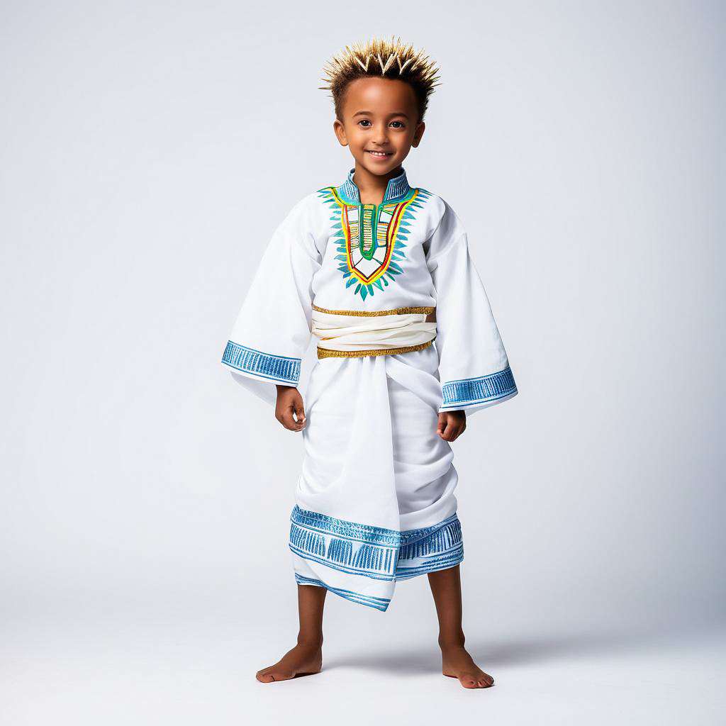 Excited Ethiopian Boy in Traditional Attire