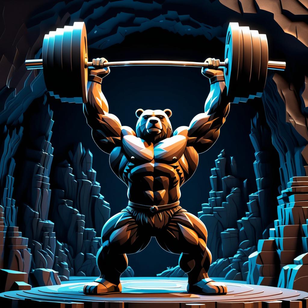 Muscular Bear Lifting Barbell in Cave