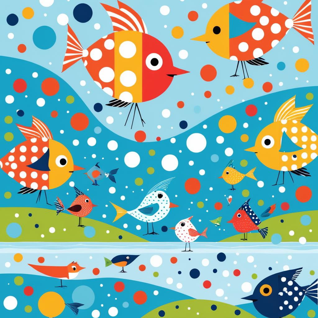 Whimsical Bird and Fish in Polka-Dots