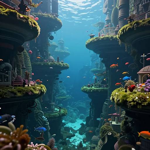 Digital artwork of a vibrant underwater city with floating, moss-covered towers, colorful fish, and bright blue light filtering through the water.