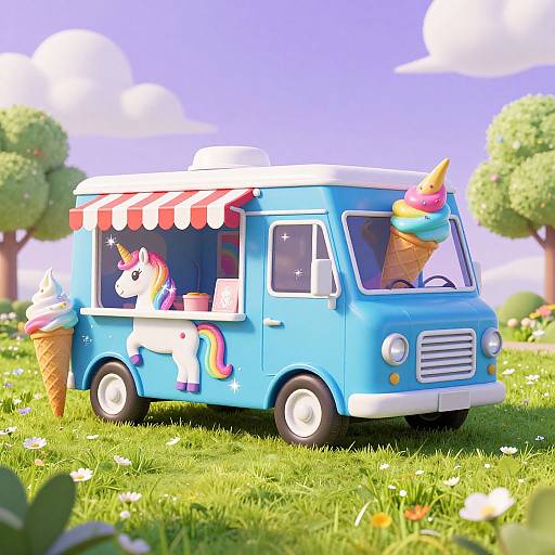 Whimsical CGI image: Blue ice cream truck with unicorn mascot and colorful ice cream cone, parked on sunny grassy field with fluffy clouds and trees