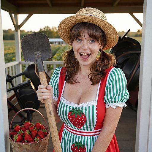 Photograph of a smiling woman with fair skin, brown hair in pigtails, wearing a straw hat, green-striped dress with strawberry print, red