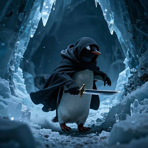 Photograph of a penguin in a dark hooded cloak, holding a sword, standing in a glowing, icy cave with jagged ice formations.