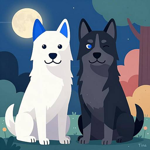 Stylized Dogs Under an Abstract Night Sky