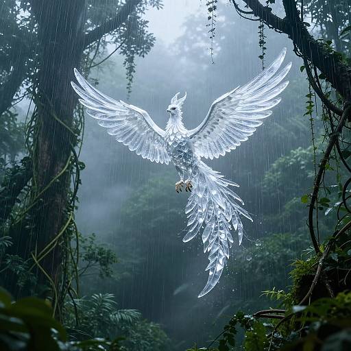 Digital artwork of a glowing white phoenix with outstretched wings flying in a misty, rain-soaked forest, surrounded by lush greenery.