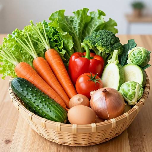 Photograph of a wicker basket filled with vibrant carrots, cucumbers, tomatoes, red onions, broccoli, celery, and artichokes on