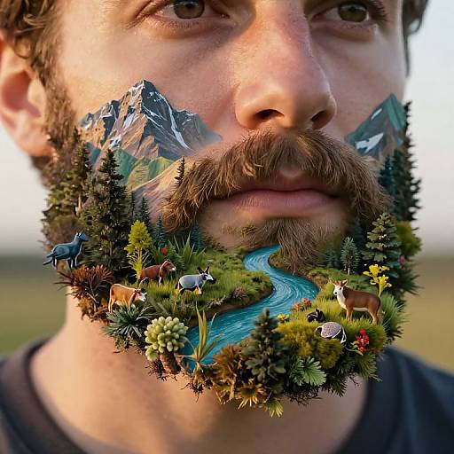 Photograph of a man with a realistic, detailed, multi-layered beard and mustache featuring a vibrant landscape, mountains, river, forest, and
