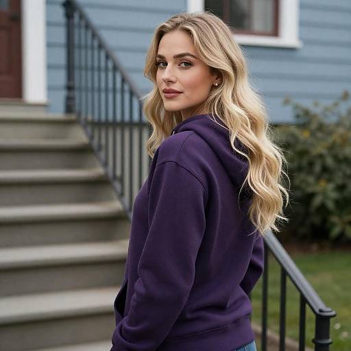 Blonde Woman in Dark Purple Hoodie