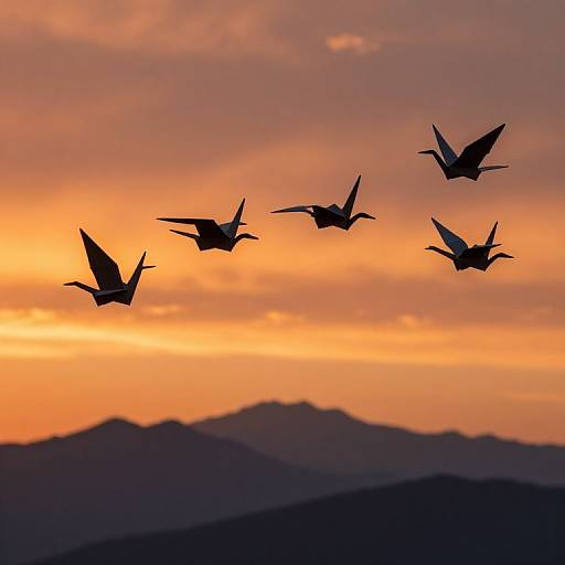 Sunset Origami Cranes in Flight