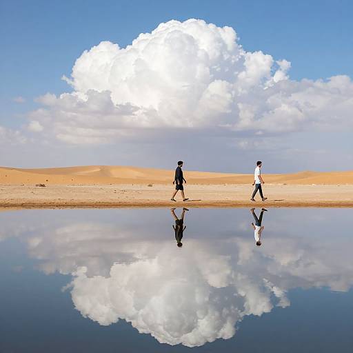 Photograph of two men walking on a sandy desert shoreline, with a large cloud reflected in a calm water pool beneath. Bright blue sky.