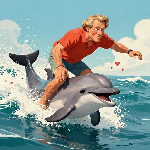 Colorful digital illustration of an older man with blond hair, wearing a red shirt and green shorts, riding a dolphin through ocean waves under a bright blue