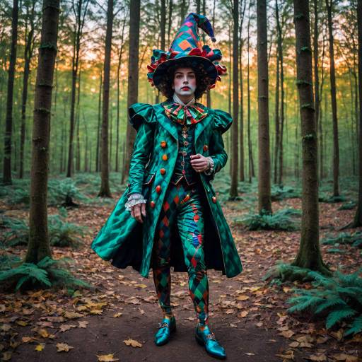 Person in Vibrant Harlequin Jester Costume in Twilight Forest