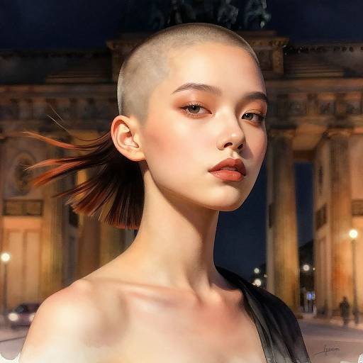 Digital artwork of a bald, fair-skinned woman with a sleek, brown ponytail, red lips, and bare shoulders, set against a nighttime,