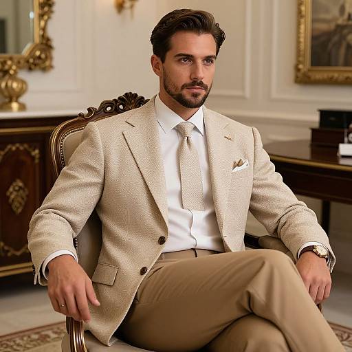 Photograph of a handsome man with dark hair, beard, and blue eyes, wearing a beige suit, white shirt, and tie, seated in an