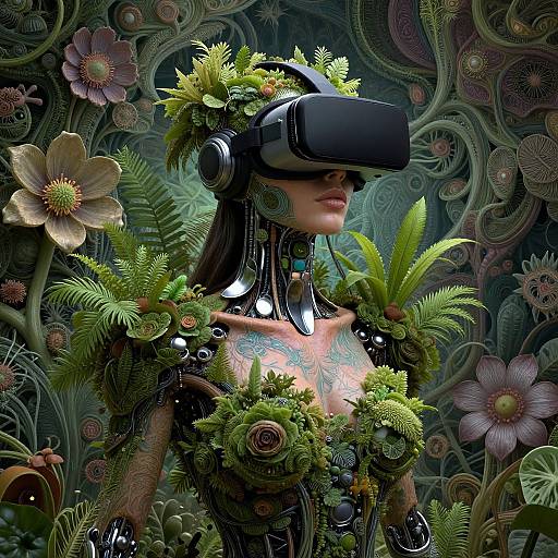 Digital artwork of a cybernetic woman wearing a VR headset, adorned with greenery and flowers, set against a vivid, intricate botanical background.